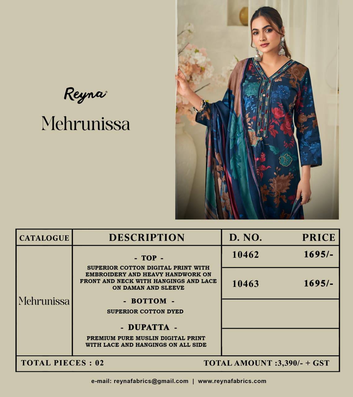  MEHRUNISSA By Reyna 10462 To 10463 Series Beautiful Festive Suits Colorful Stylish Fancy Casual Wear SUPERIOR COTTON DIGITAL Dresses At Wholesale Price